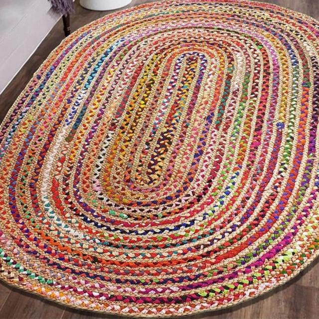 Hand Braided Bohemian Colorful Jute Cotton Chindi Area Rug Home Decor Rugs cotton area rugs oval shape braided rug rag floor rug mat