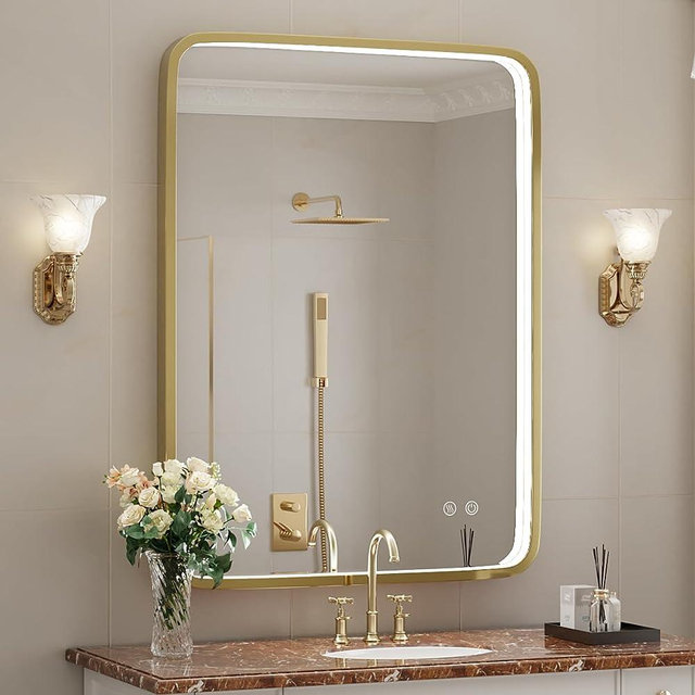 FTOTI 24X32 Inch LED Bathroom Mirror with Lights,Gold Framed Wall Mounted Lighted Vanity Mirrors,Anti Fog Design&Dimmable&Touch Switch,Light up Mirror for Housewarming Gift