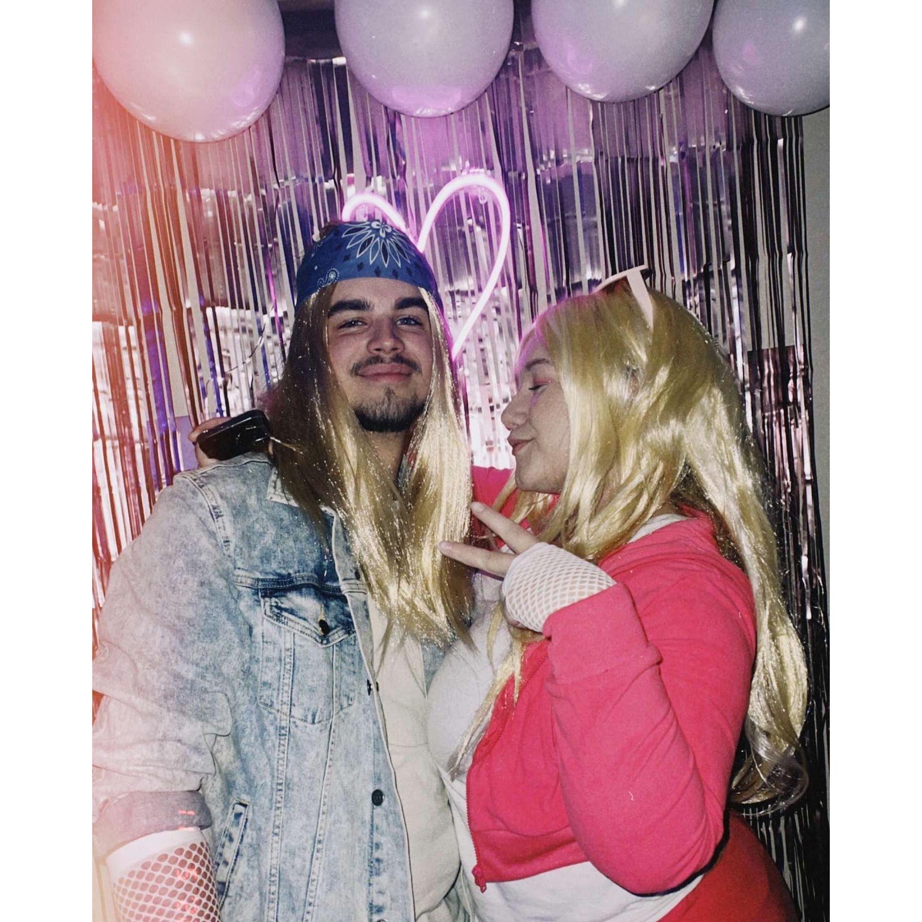 Dressed as white chicks for a 2000's party