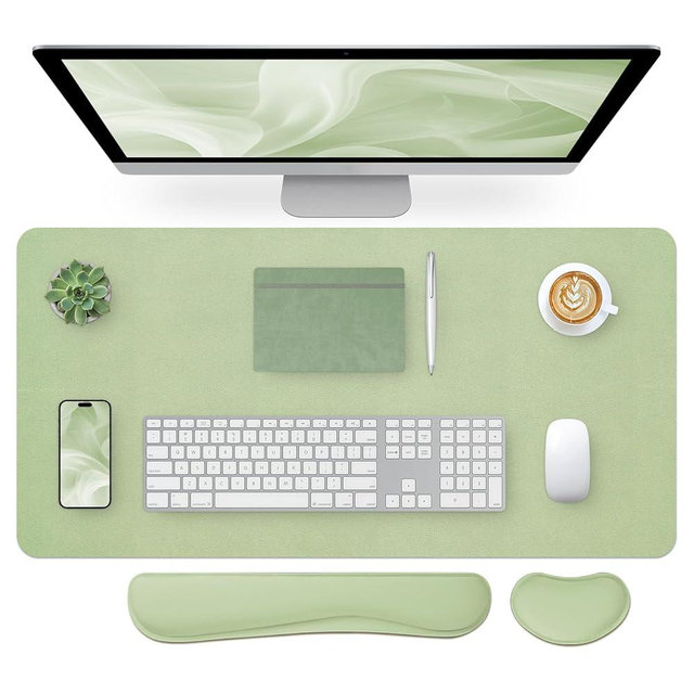 Bloss Leather Desk Mat and Keyboard Wrist Rest, Large Mouse Pad + Keyboard Pad+Mouse Wrist Support, Non-Slip Desk Mat Protector for Office, Home(35.4×15.7 Inches, Green)