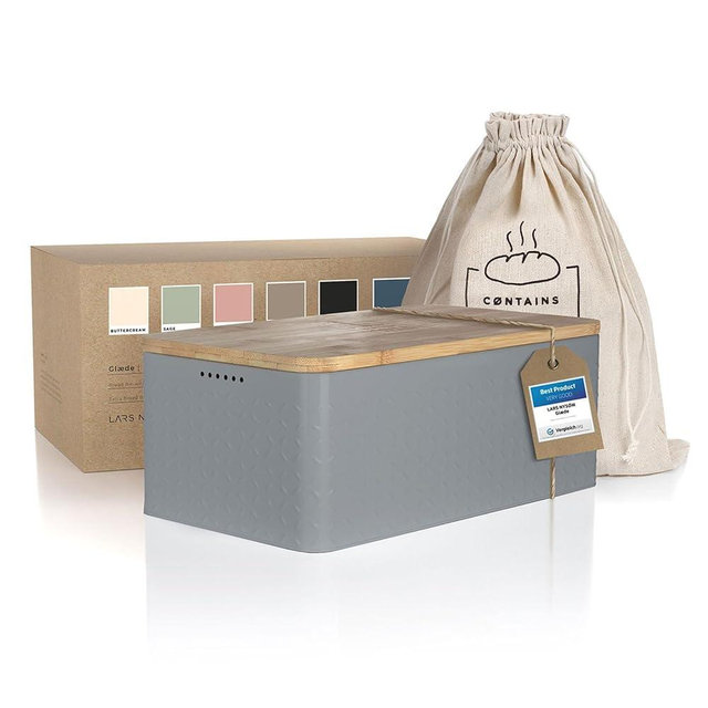 LARS NYSØM Bread Box I Metal bread box with linen bread bag for long lasting freshness I Bread box with bamboo lid usable as cutting board I 13.4x7.3x5.3In (Cool Grey)