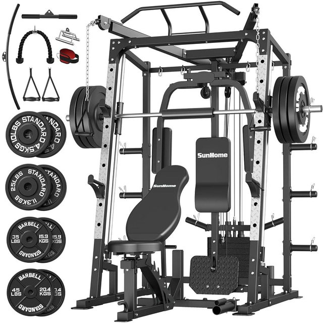 SunHome Smith Machine, Power Cage Squat Rack with Smith Bar, LAT Pull-Down Systems, Cable Crossover Machine and Cable Attachment for Home Gym