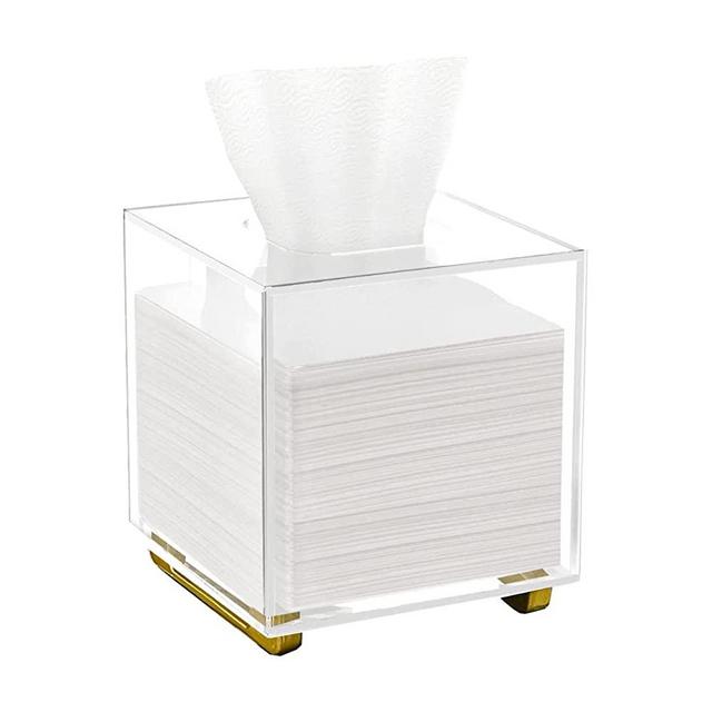 YoBa Thick Acrylic Tissue Box Holder Rectangular Clear Tissue Box Dispenser  with Gold Plated Aluminum Legs for Bathroom, Kitchen, Bedroom, Office