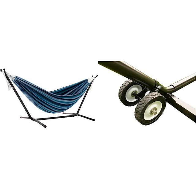 Vivere Double Cotton Hammock with Space Saving Steel Stand Blue Lagoon (450 lb Capacity - Premium Carry Bag Included) & WHEEL Hammock Stand Wheel Kit Black