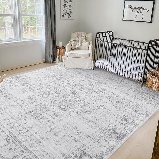 LIVEBOX Washable Area Rug 8x10 Large Boho Living Room Rug Vintage Grey Rug for Bedroom, Non-Slip Retro Floral Carpet Print Distressed Accent Rug for Dining Room Guest Room Office