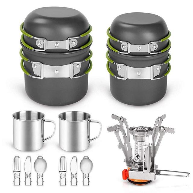 Odoland 16pcs Camping Cookware Mess Kit for 2 People, Lightweight Pot Pan Mini Stove with 2 Cups, Fork Knife Spoon Kits for Backpacking, Outdoor Camping Hiking and Picnic