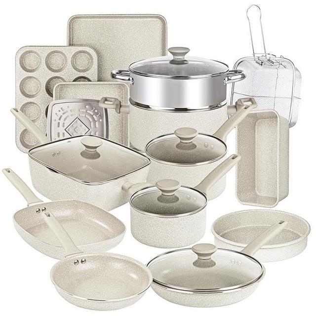Granitestone 20 Pc Pots and Pans Set Non Stick Cookware Set, Kitchen Cookware Sets, Pot and Pan Set, Nonstick Cookware Set, Healthy and Non Toxic Dishwasher Safe, Beige White Granite Pots and Pans Set