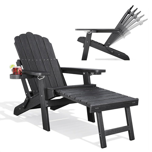 Qsun Folding Adirondack Chair with Retractable Ottoman Fire Pit Patio Chair with Adjustable Backrest, 2 Cup Holder Weather Resistant Outdoor, Patio, Lawn, Garden, Backyard Deck, Fire Pit, Black