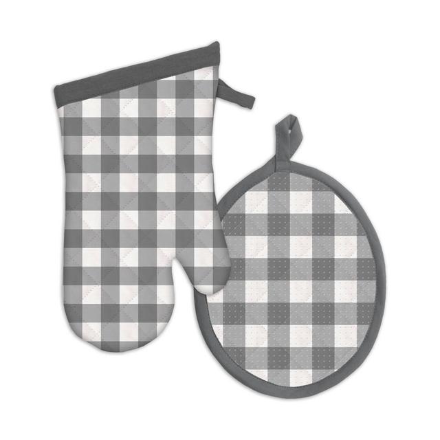2pc Gingham Check Oven Mitten Gray - MU Kitchen