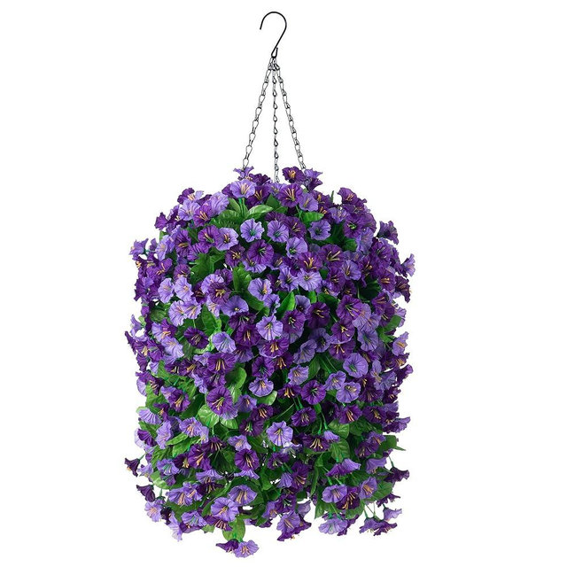 INXUGAO Artificial Flowers with Hanging Basket, Outdoor Faux Plants Silk Morning Glory Vines, Fake Green Arrangement for Garden Patio Spring Summer Decor(4 pcs,Purple)