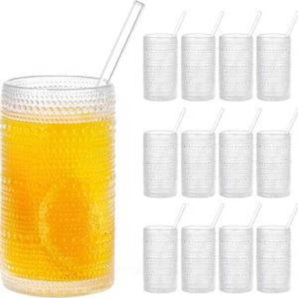 16oz Hobnail Drinking Glasses Set of 12, Vintage Large Capacity Embossed Clear Tumblers, Highball Glasses for Water, Cocktail, Beer, Whiskey, Juice & Bar Use