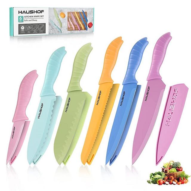 HAUSHOF Kitchen Knife Set, 6-Piece Colorful Knives Set with Sheath for Kitchen, Non-Stick Coated Stainless Steel Blades for Slicing, Dicing&Cutting, Gifts Knife Set for Dad, Mom, Husband and Wife