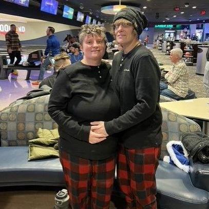 Bowling with friends, in our pajamas
