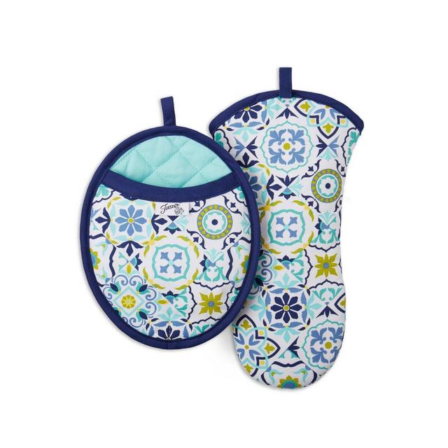 2pc Cotton Worn Tiles Pot Holder and Oven Mitt Set Blue/Yellow - Fiesta