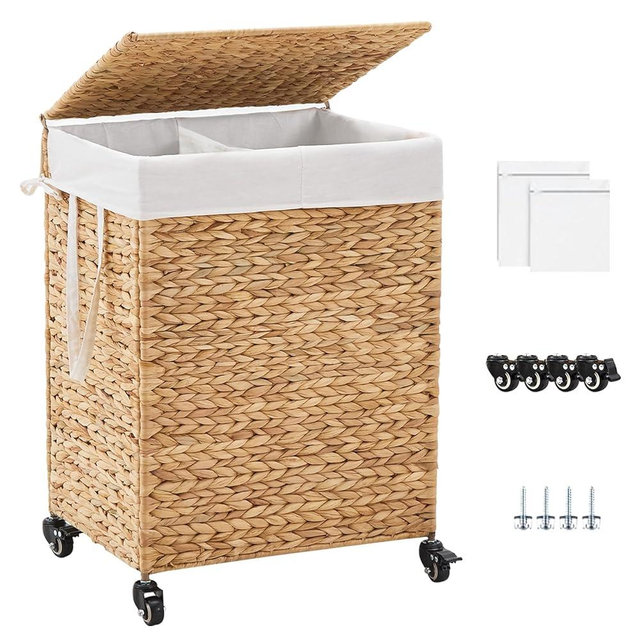 LGENHOOM 2-Section Laundry Hamper with Lid, Large Capacity Woven Natural Water Hyacinth Laundry Sorter with Removable Liners, Rolling or Non-Slip Design for Bedroom(Natural, 100L)