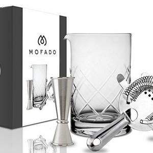 Crystal Cocktail Mixing Glass Set - Includes Thick Bottom 17oz (500ml) Mixing Glass, Jigger & Strainer - Professional Quality - Makes a Great Gift