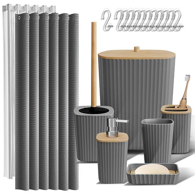 Clara Clark Bathroom Accessories Set - Grey Bathroom Set, 20PC Bathroom Accessory Set, Shower Curtain Set, Toilet Brush, Trash Can & Soap Dispenser