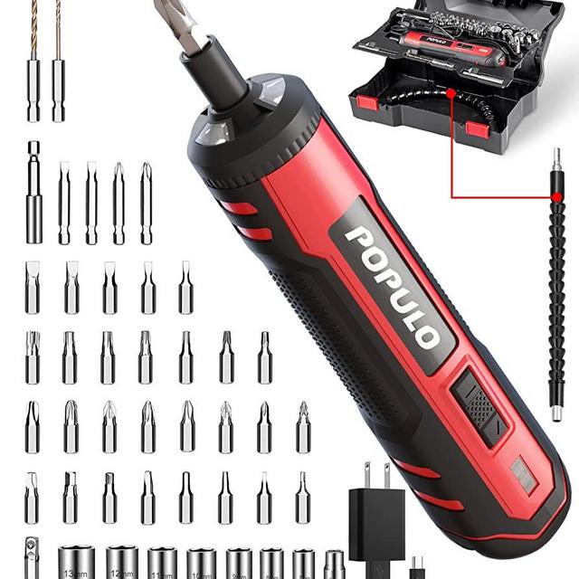 4V Cordless Electric Screwdriver Kit, USB Rechargeable Lithium ion Battery, LED Work Light, 32 pieces Screwdriver Bits, 8 Sockets, Flex Hex Shaft, Bit Holders and Storage box, Populo Power Screwdriver