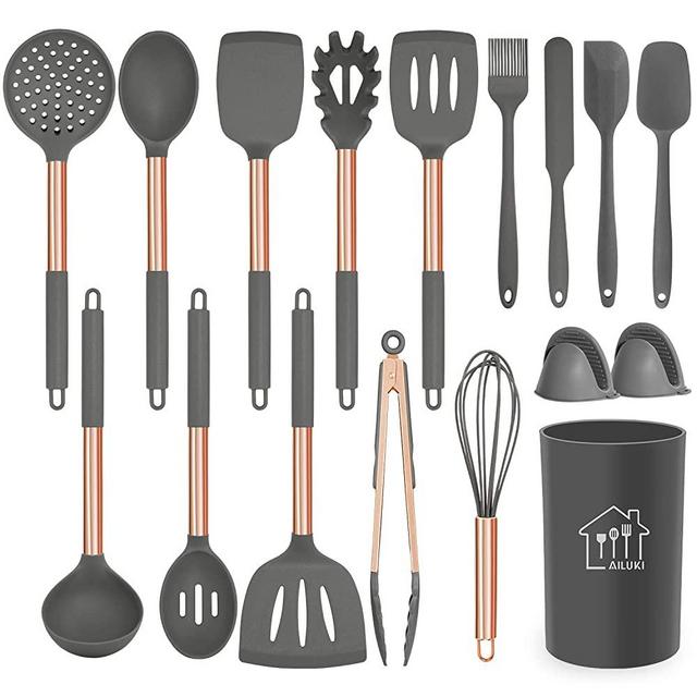 Silicone Cooking Utensil Set, AILUKI Kitchen Utensils 17 Pcs Cooking Utensils Set,Non-stick Heat Resistant Silicone,Cookware with Stainless Steel Handle (rose gold)