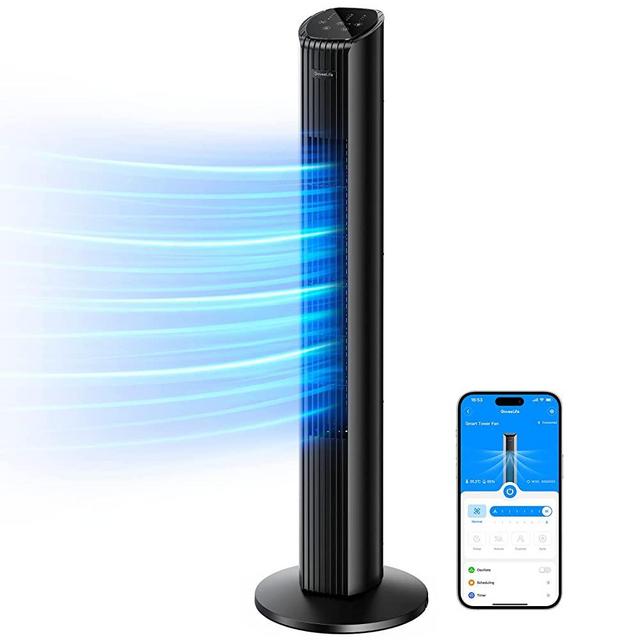 Govee Life 36'' Smart Tower Fan for Bedroom, Oscillating Fan with Temperature Auto-Reflect, Room Fan with 8 Speeds, 4 Modes, 24H Timer with APP, Works with Alexa, Floor Fan for Home Office
