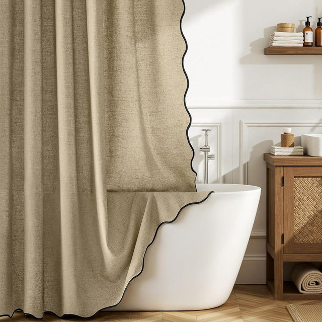 MIULEE 84" Long Scalloped Linen Shower Curtain with 12 Metal Hooks Cute Extra Long Boho Heavy Duty Washable Waterproof Thick Cloth Curtains with Black Border for Bathroom Hotel Bathtub,Khaki