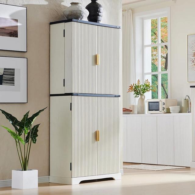 ACCOHOHO Fluted Pantry Cabinet, 72" Tall Modern Storage Cabinet with 4 Doors, Organizer, Drawer and Adjustable Shelves, Wood Cupboard for Kitchen, Dining Room, Living Room and Bathroom, Off White