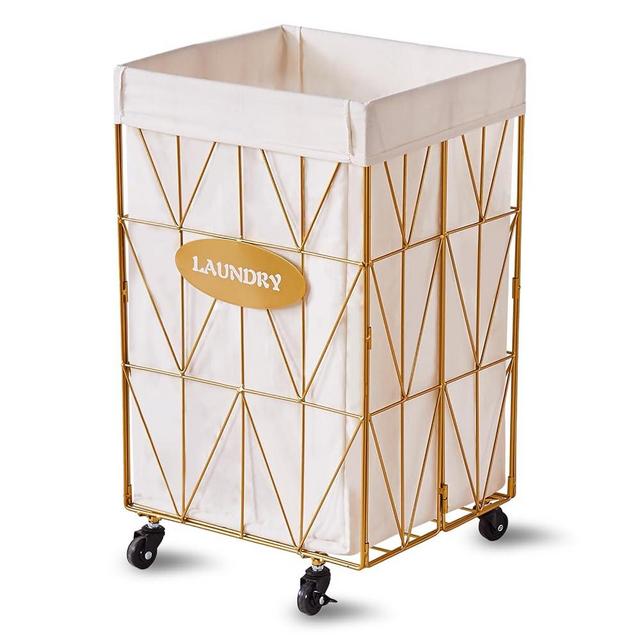 Mxfurhawa Collapsible Laundry Hamper with Wheels, 65L Capacity and Removable Liner, Sturdy Metal Frame for Clothes Storage and Transport (Gold)