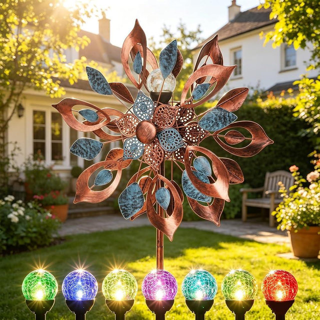 Large Metal Wind Spinners Outdoor, 84 Inch Wind Spinners Outdoor with 7 Color Solar Lights, Heavy Duty Metal Wind Spinner for Garden, Yard, Lawn, Backyard, Patio, Outside Decor Gift (24" W x 84" H)