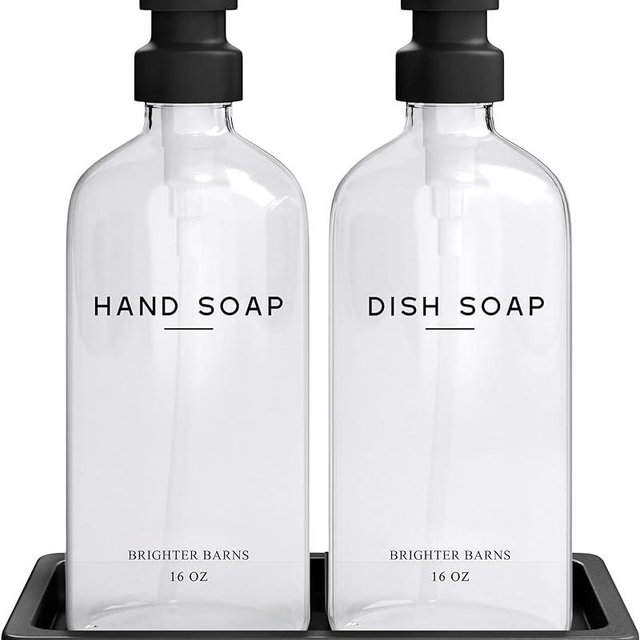 Glass Hand and Dish Soap Dispenser Set by Brighter Barns - Kitchen Soap Dispenser Set with Tray, Stainless Steel Pump - Liquid Soap Dispenser for Kitchen - Black Kitchen Accessories for Home (Clear)