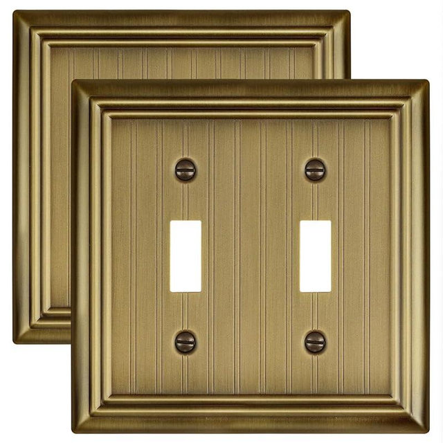 ZILLSEA 2-Pack Metal Double Light Switch Cover Plates, 2 Gang Antique Brass Switch Plate Covers, Classic Beadboard Design, 4.96''*4.88'', Midsize