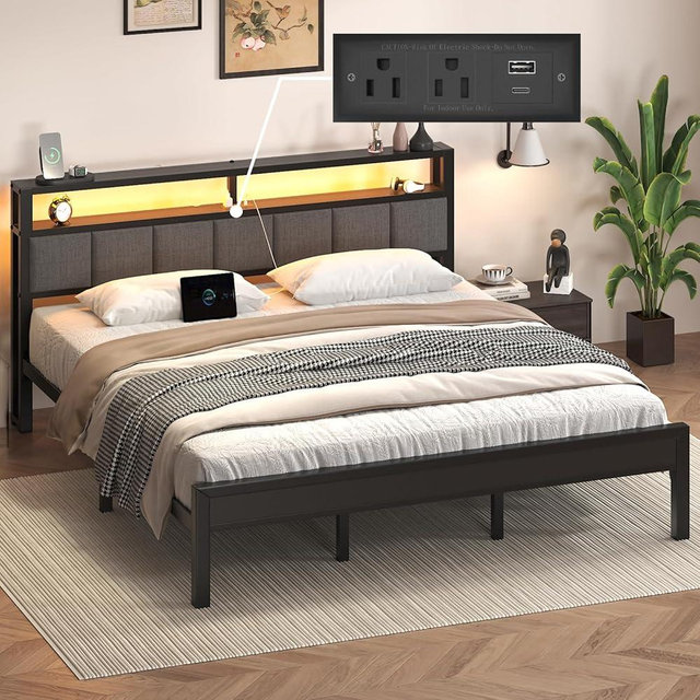 E-Motie King Size Bed Frame with LED Lights and Charging Station, Wood Storage Headboard with 2-Tier Shelves, Heavy Duty Metal Slats, No Box Spring Need, Noise Free, Easy Assembly, Light Grey