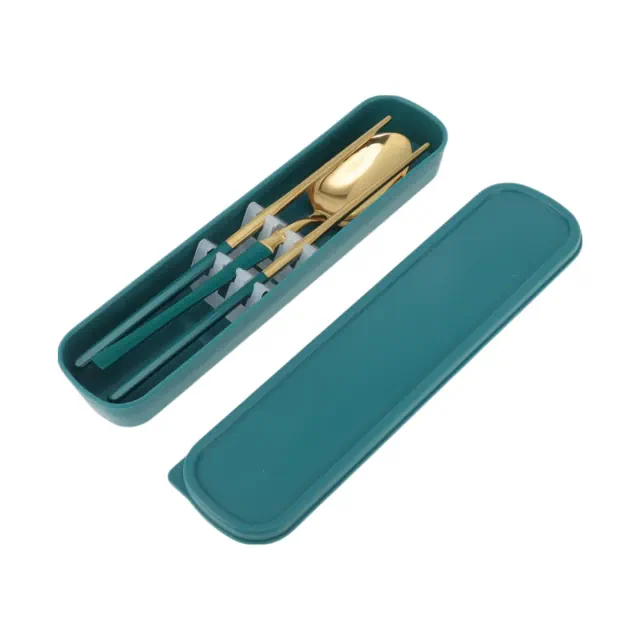 Unique Bargains Flatware Sets Dishwasher Safe Waist-Designed Spoon Chopsticks 2-Piece Set with Box Deep Green Gold Tone 9.33"x2.36"x2.36" 1 Set