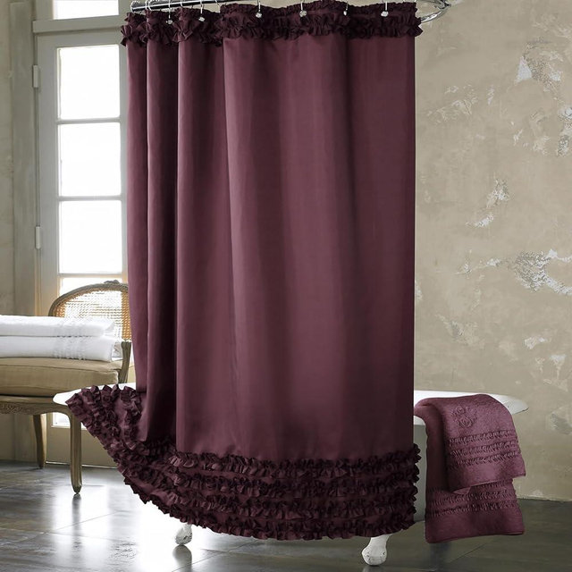 BESTRIPES Ruffle Shower Curtain, Burgundy Fabric Shower Curtain with Handmade Ruffles, Farmhouse Chic Bath Curtains, 72" W x 72" H