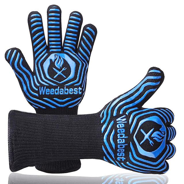 WEEDABEST Hot BBQ Gloves Heat Resistant Kitchen Oven Mitts Professional Long Heat Resistant Cooking Gloves for Grill,Grilling,Smoker,Barbeque,13.5 inch-Blue