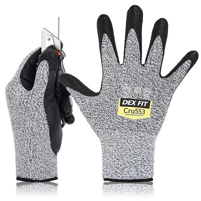 DEX FIT Level 5 Cut Resistant Gloves Cru553, 3D Comfort Stretch Fit, Power Grip Foam Nitrile, Smart Touch, Durable Thin & Lightweight, Machine Washable, Grey Large 1 Pair