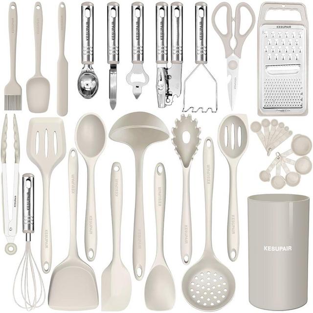 Kitchen Utensils Set - 446°F Heat Resistant Silicone Cooking Utensils Set-Kitchen Tools and Gadgets for Cooking Nonstick Cookware with Tongs,Turner,Spatula,Spoon,Brush,Peeler,Grater,Scissors (Khaki)