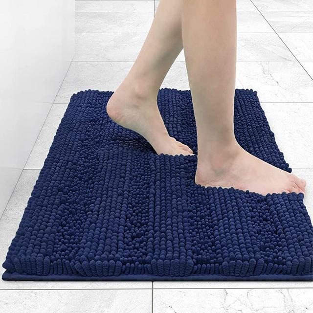 Grandaily Chenille Striped Bathroom Rug Mat, Extra Thick and Absorbent Bath Rugs, Non-Slip Soft Plush Shaggy Bath Carpet, Machine Wash Dry, Bath Mats for Bathroom, 17x24, Navy