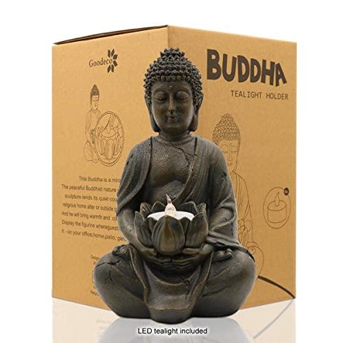 Meditating Buddha Statue Figurine Sitting Sculpture Decoration 8" Tealight Holder/Candle Holder for Home, Garden, Patio with a LED Tea Light, Polyresin, Antique Bronze Look(1 Pack)