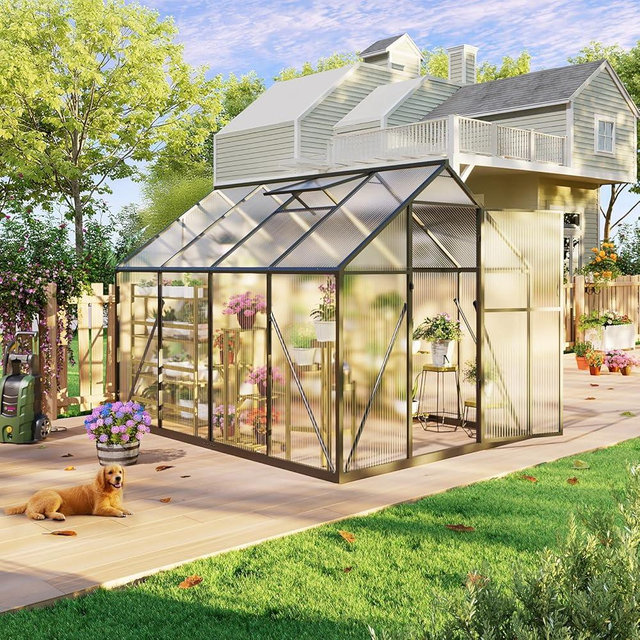 SYLVIERA 6x8FT Outdoor Greenhouse, Polycarbonate Green House, Small Walk-in Greenhouse with Vented Roof Window, Windproof Aluminum Frame with Quick-Installation Structure, Suitable for Gardening