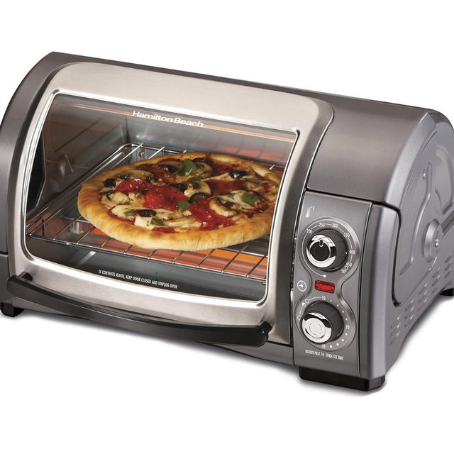 Hamilton Beach Easy Reach 4-Slice Countertop Toaster Oven With Roll-Top Door, 1200 Watts, Fits 9” Pizza, 3 Cooking Functions for Bake, Broil and Toast, Silver (31344DA)