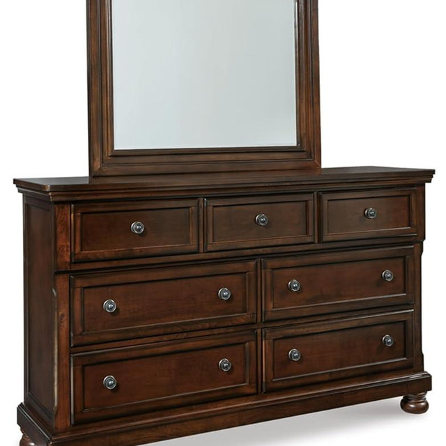 Signature Design by Ashley Porter Traditional Smooth-Gliding 7-Drawer Dresser and Mirror with Safety Stop, Felt-Lined Top Drawers and Pull-Out Tray, Dark Brown