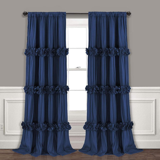 Homechoice Decor Thermal Insulated Blackout Window Curtains, 54" W x 84" L (Pair), Boho Ruched Window Treatments with 3 Rows of Butterfly Flowers, Rustic Rod Pocket Drapes for Room, Navy (LQ-30)
