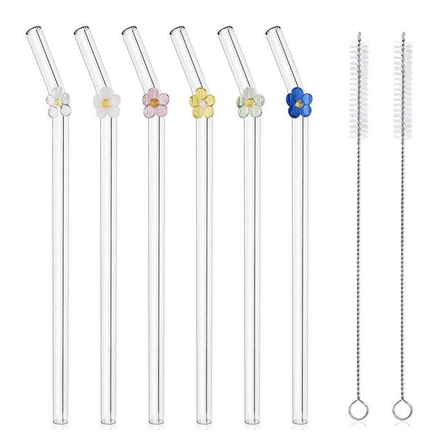 6 Pcs Reusable Glass Straws with 2 Cleaning Brushes, Cute Colorful Flower Glass Straws Shatter Resistant, Reusable Straws Dishwasher Safe for Smoothies, Milkshakes, Juices, Teas