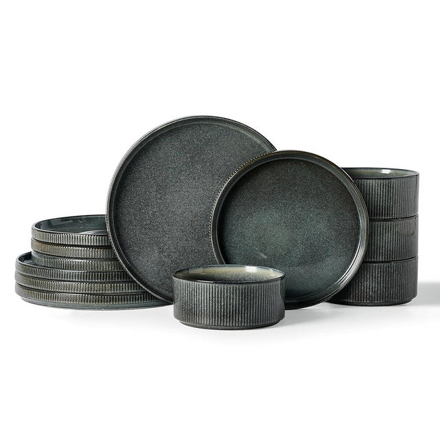 Famiware Star Dinnerware Set, Plates and Bowls Sets for 4 (12pcs), Ribbed Stoneware Dishes - Chip & Scratch Resistant, Microwave & Dishwasher Safe, Deep Forest