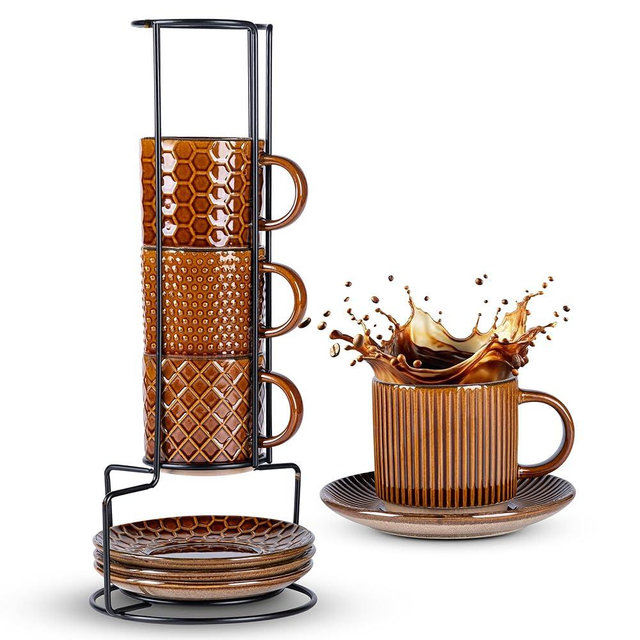 GBhome 6OZ Stackable Coffee Mugs with Stand and Saucer, Ceramic Coffee Mugs Set of 4 with Texture Patterns for Man,Woman,Dad,Mom, Modern Coffee Cups for Latte/Espresso. Dishwasher&Microwave Safe