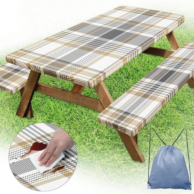Britown Picnic Table Cover with Bench Covers Elastic Edges, Plaid Beige Fitted Table Cover, Outdoor Patio Camping Essentials 72 Inch 3PCS, Waterproof Camping Fitted Tablecloth with Drawstring Bag