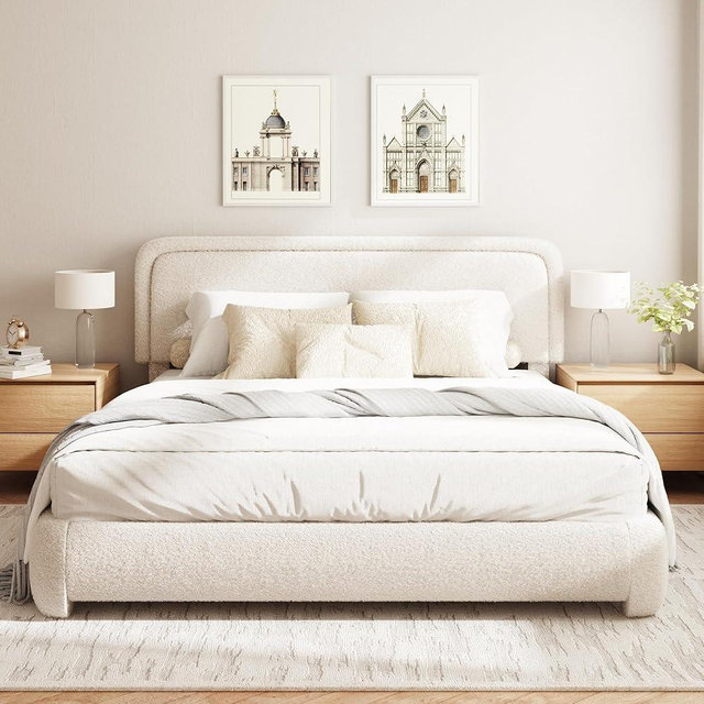 GLOLLOSPARK Queen Size Boucle Bed Frame, Upholstered Platform Bed with Height Adjustable Headboard & Soft Rounded Corners, Noise Free, Easy Assembly, No Box Spring Needed, Beige