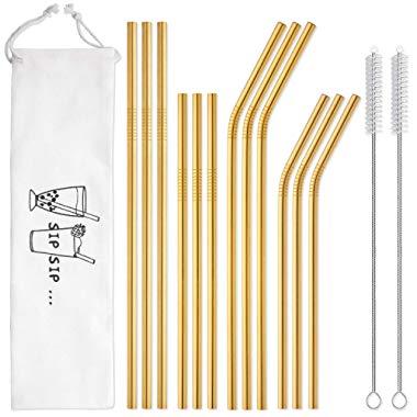 Hiware 12-Pack Gold Stainless Steel Straws Reusable with Case - Metal Drinking Straws for 30oz / 20oz Tumblers Yeti Dishwasher Safe, 2 Brushes Included