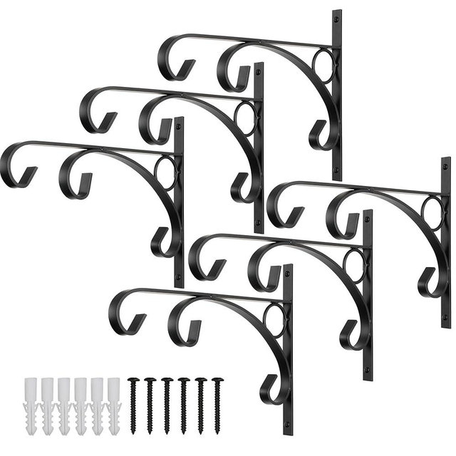 Worth INATURE 6-Pack 12" Plant Hanger Bracket - Heavy Duty Metal Wall Hooks, Decorative Black Plant Hanging Hooks for Hanging Bird Feeders, Flower Baskets - Outdoor & Indoor Use - K532B01