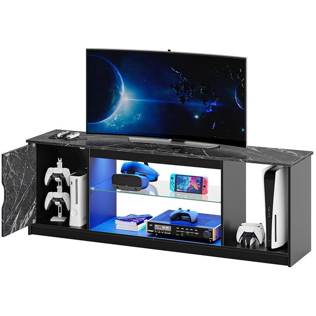 Bestier 57" Gaming TV Stand with RGB LED Lighting for 55-65" TVs - Media Cabinet Featuring PS5/Xbox Storage, Adjustable Glass Shelves, Modern Entertainment Center for Living Room,Black Marble